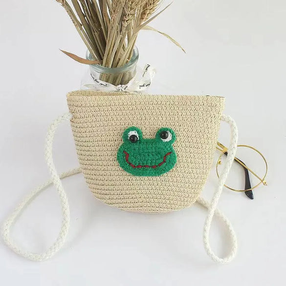 Kid'S Small Straw Animal Cute Bucket Zipper Crossbody Bag
