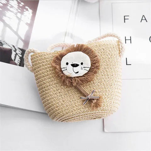 Kid'S Small Straw Animal Cute Bucket Zipper Crossbody Bag