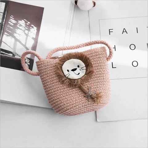 Kid'S Small Straw Animal Cute Bucket Zipper Crossbody Bag