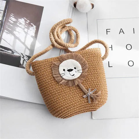 Kid'S Small Straw Animal Cute Bucket Zipper Crossbody Bag