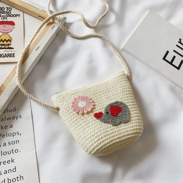 Kid'S Small Straw Animal Cute Bucket Zipper Crossbody Bag