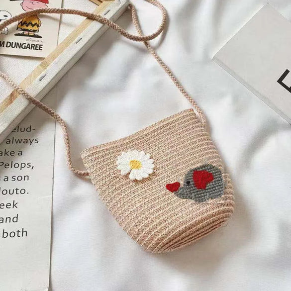 Kid'S Small Straw Animal Cute Bucket Zipper Crossbody Bag