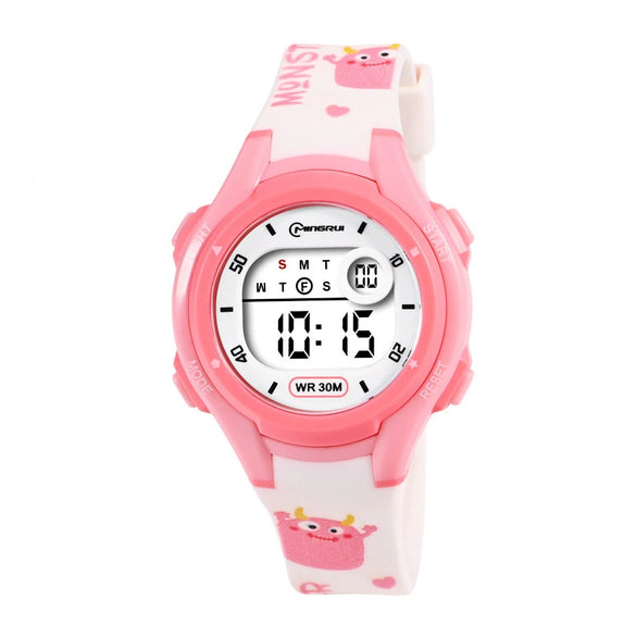 Kids Digital Watch Resin Case Plastic Mirror Silicone Strap Round Dial Sports Style Printed Waterproof
