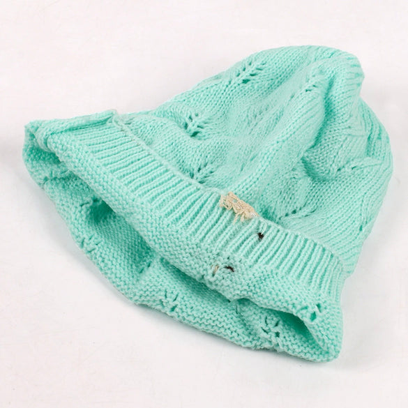 Knitted Acrylic Women's Hat With Hollow Leaves Lace Button Jacquard Patchwork Design