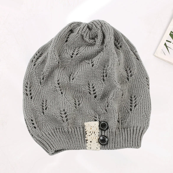 Knitted Acrylic Women's Hat With Hollow Leaves Lace Button Jacquard Patchwork Design