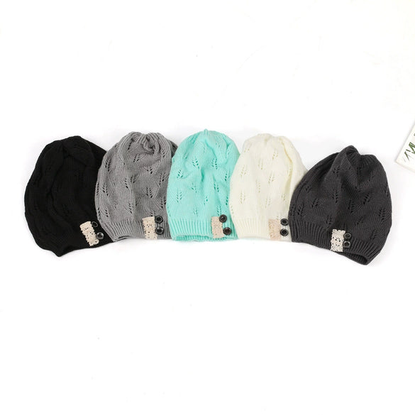Knitted Acrylic Women's Hat With Hollow Leaves Lace Button Jacquard Patchwork Design