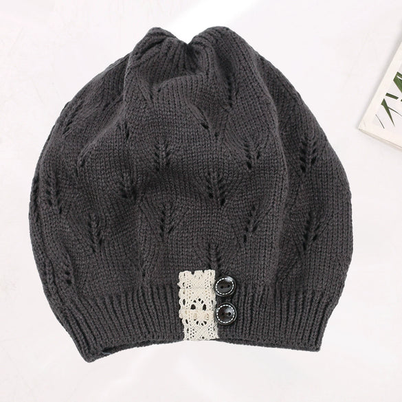Knitted Acrylic Women's Hat With Hollow Leaves Lace Button Jacquard Patchwork Design