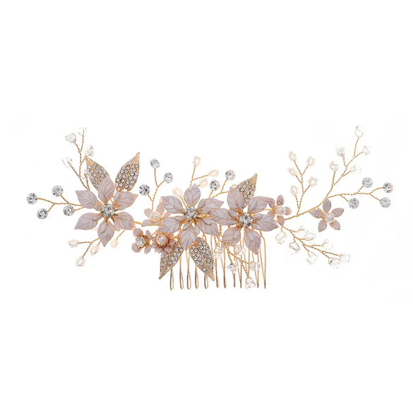 Korean Wedding  Bridal  Flower Pearl Insert  Handmade Crystal  Plate Hair Comb