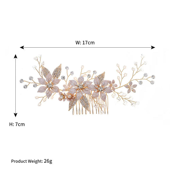 Korean Wedding  Bridal  Flower Pearl Insert  Handmade Crystal  Plate Hair Comb