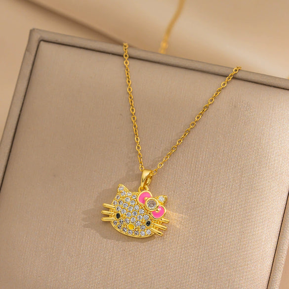 Kt Cat Pendant Necklace Micro Inlaid Zircon Copper Titanium Steel Jewelry With Light Luxury Style Set With Diamonds And Electroplated In Vacuum Furnace