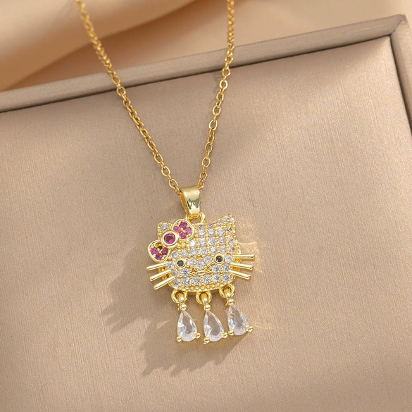 Kt Cat Pendant Necklace Micro Inlaid Zircon Copper Titanium Steel Jewelry With Light Luxury Style Set With Diamonds And Electroplated In Vacuum Furnace