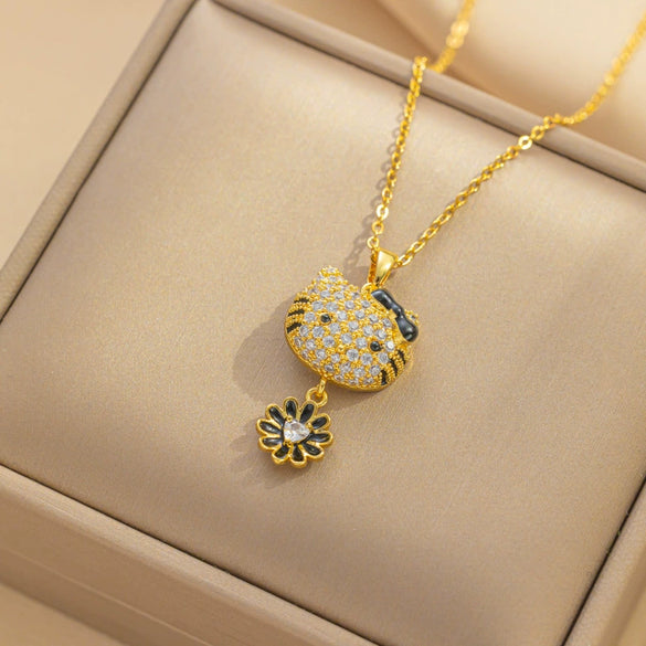 Kt Cat Pendant Necklace Micro Inlaid Zircon Copper Titanium Steel Jewelry With Light Luxury Style Set With Diamonds And Electroplated In Vacuum Furnace
