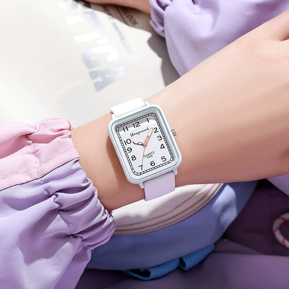 Ladies Alloy And Silicone Rectangle Shell Digital Quartz Watch Leisure Style