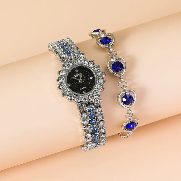 Ladies Alloy And Stainless Steel Leisure Round Dial Quartz Watch And Jewelry Set