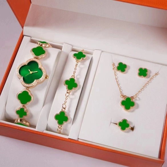 Ladies Alloy Band Quartz Watch With Four Leaf Clover Design And Flower Shaped Dial