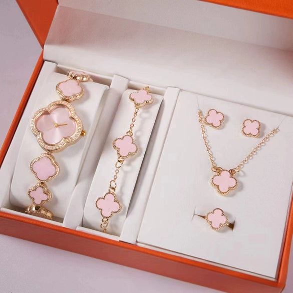 Ladies Alloy Band Quartz Watch With Four Leaf Clover Design And Flower Shaped Dial