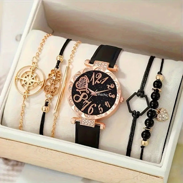 Ladies Alloy Belt Quartz Watch With Round Diamond Dial And Beaded Bracelet