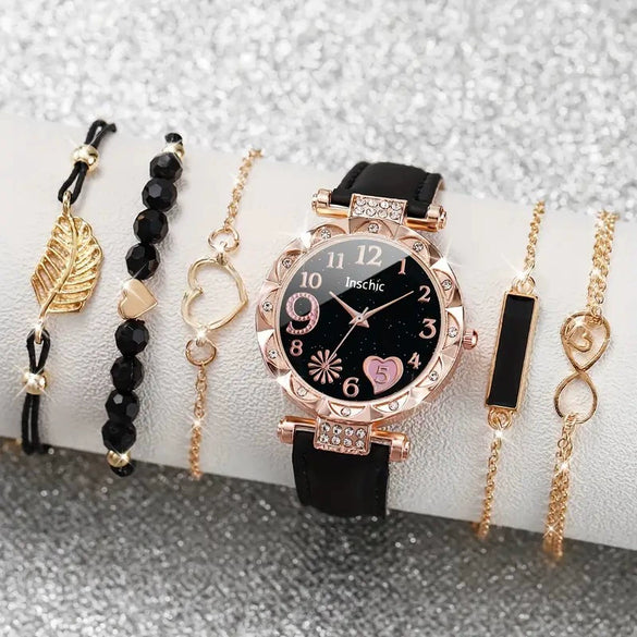 Ladies Alloy Belt Quartz Watch With Round Diamond Dial And Beaded Bracelet