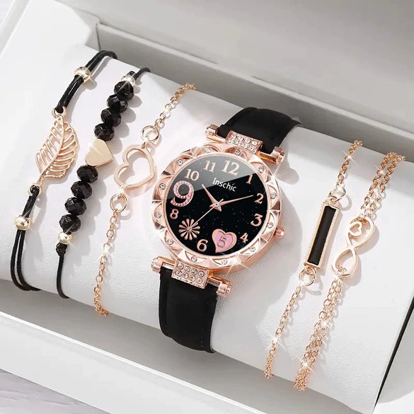 Ladies Alloy Belt Quartz Watch With Round Diamond Dial And Beaded Bracelet