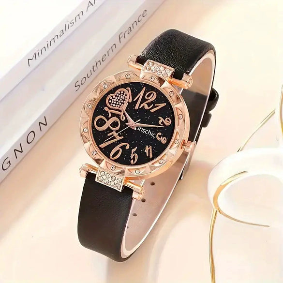 Ladies Alloy Belt Quartz Watch With Round Diamond Dial And Beaded Bracelet