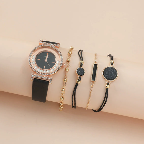 Ladies Alloy Case Imitation Leather Strap Round Dial Diamond Watch