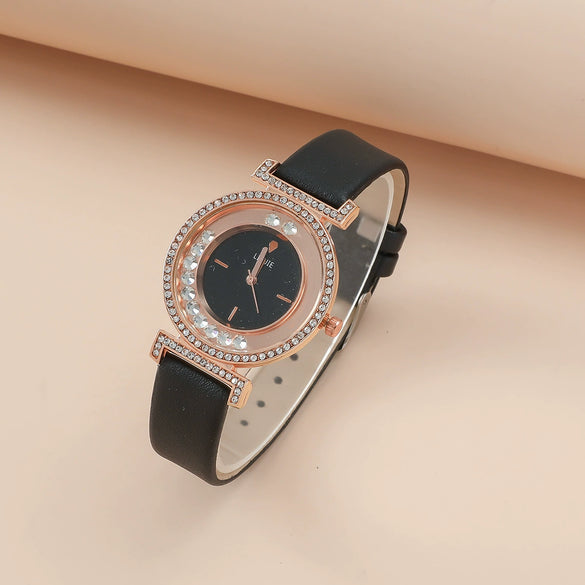 Ladies Alloy Case Imitation Leather Strap Round Dial Diamond Watch