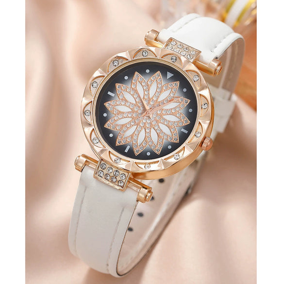 Ladies Alloy Case Stainless Steel Clasp Imitation Leather Strap Round Dial Pointer Quartz Watch