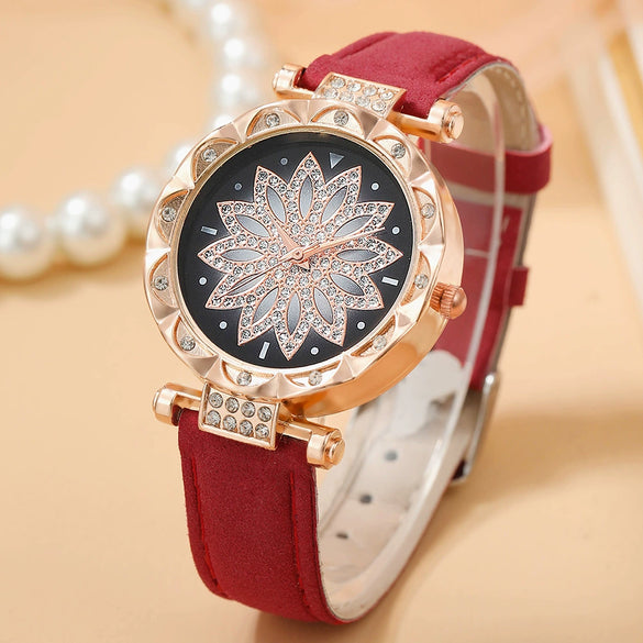 Ladies Alloy Case Stainless Steel Clasp Imitation Leather Strap Round Dial Pointer Quartz Watch