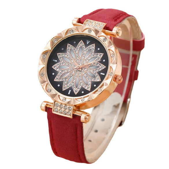 Ladies Alloy Case Stainless Steel Clasp Imitation Leather Strap Round Dial Pointer Quartz Watch