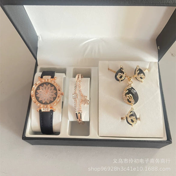 Ladies Alloy Case Stainless Steel Clasp Imitation Leather Strap Round Dial Pointer Quartz Watch