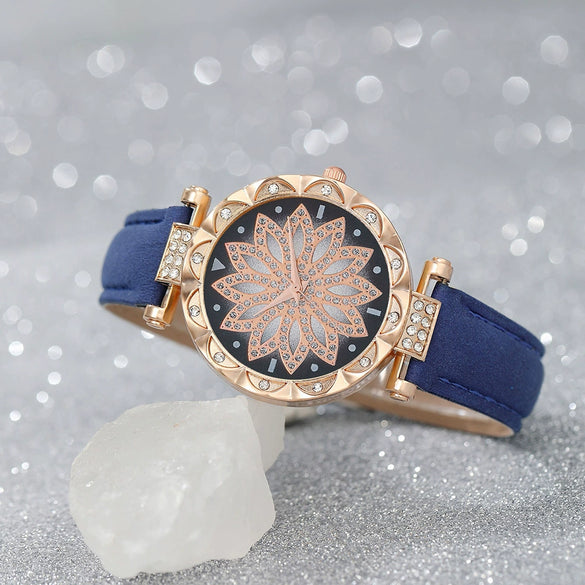 Ladies Alloy Case Stainless Steel Clasp Imitation Leather Strap Round Dial Pointer Quartz Watch