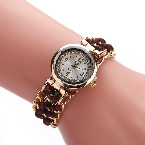 Ladies Alloy Case Textile Strap Round Dial Telescopic Rope Clasp Woven Bracelet Watch
