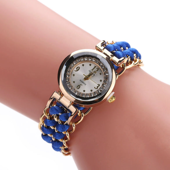 Ladies Alloy Case Textile Strap Round Dial Telescopic Rope Clasp Woven Bracelet Watch