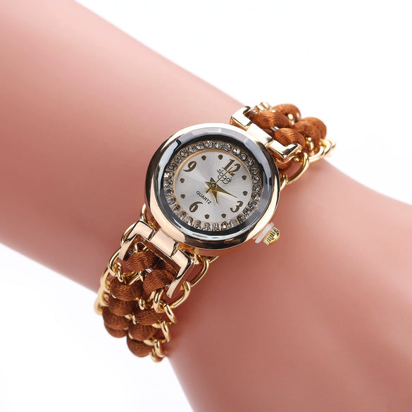 Ladies Alloy Case Textile Strap Round Dial Telescopic Rope Clasp Woven Bracelet Watch