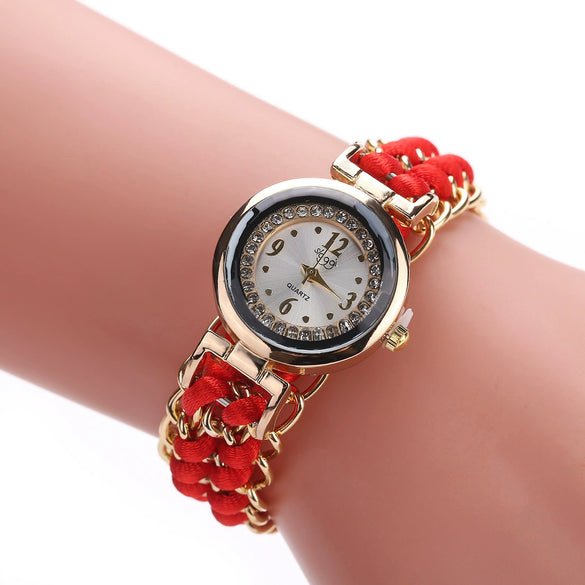 Ladies Alloy Case Textile Strap Round Dial Telescopic Rope Clasp Woven Bracelet Watch
