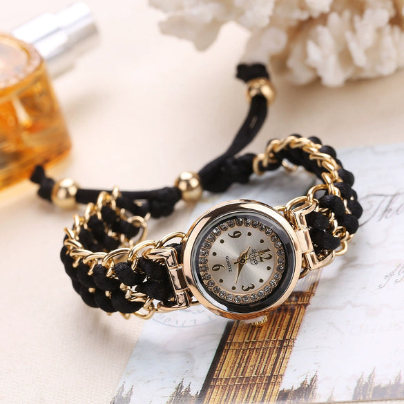 Ladies Alloy Case Textile Strap Round Dial Telescopic Rope Clasp Woven Bracelet Watch
