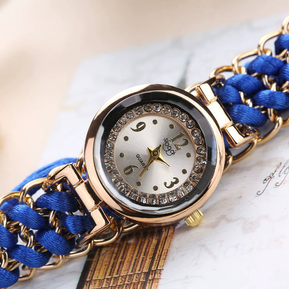 Ladies Alloy Case Textile Strap Round Dial Telescopic Rope Clasp Woven Bracelet Watch