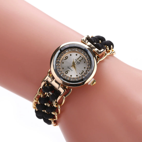 Ladies Alloy Case Textile Strap Round Dial Telescopic Rope Clasp Woven Bracelet Watch