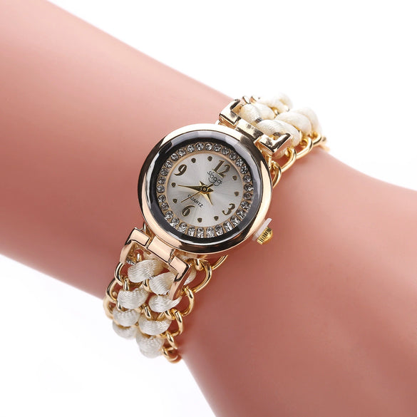 Ladies Alloy Case Textile Strap Round Dial Telescopic Rope Clasp Woven Bracelet Watch