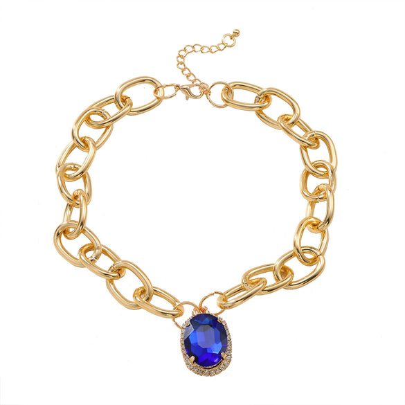 Ladies Alloy Chain With Multicolor Gem And Geometric Rhinestone Pendant Necklace Diamond Design
