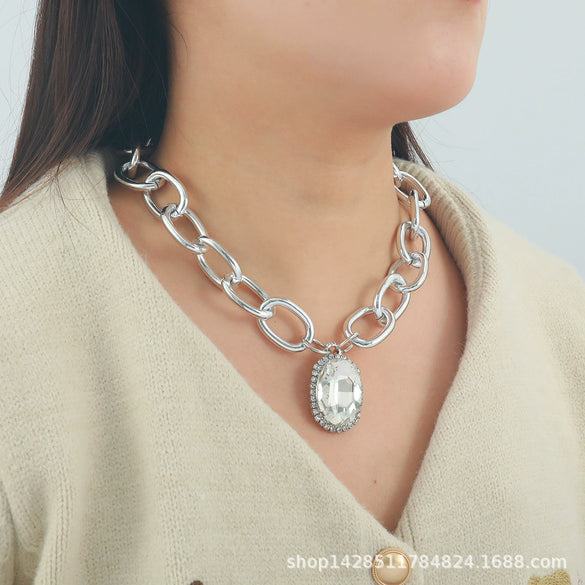 Ladies Alloy Chain With Multicolor Gem And Geometric Rhinestone Pendant Necklace Diamond Design