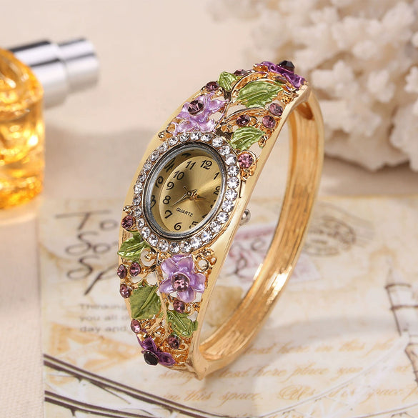 Ladies Alloy Cloisonn¨¦ Flowery Retro Palace Style Quartz Watch Bracelet With Oval Dial
