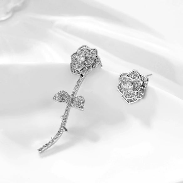 Ladies Alloy Earrings With White Roses Pattern And Set With Precious Stones