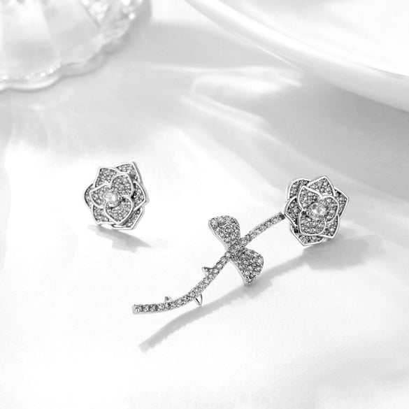 Ladies Alloy Earrings With White Roses Pattern And Set With Precious Stones