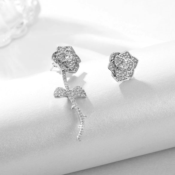 Ladies Alloy Earrings With White Roses Pattern And Set With Precious Stones