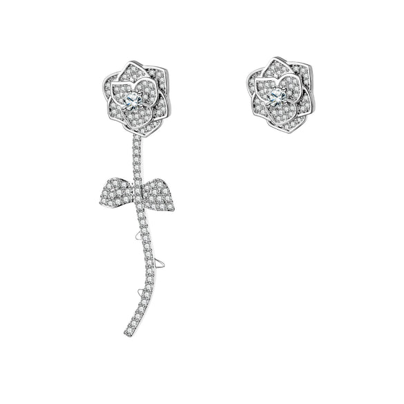 Ladies Alloy Earrings With White Roses Pattern And Set With Precious Stones