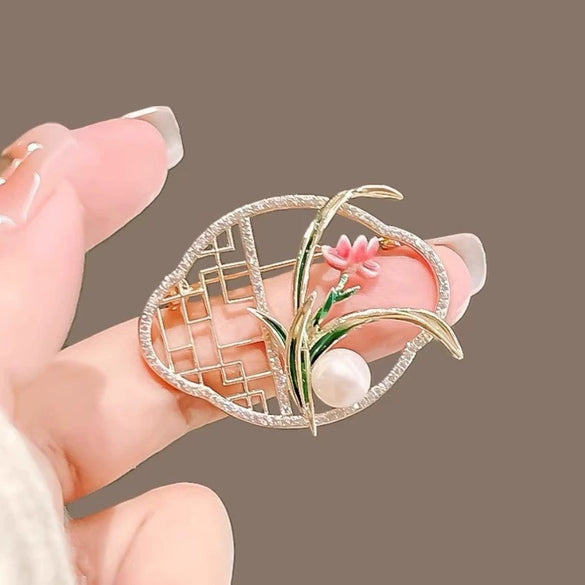Ladies Alloy Flower Antique Orchid Electroplated Brooch