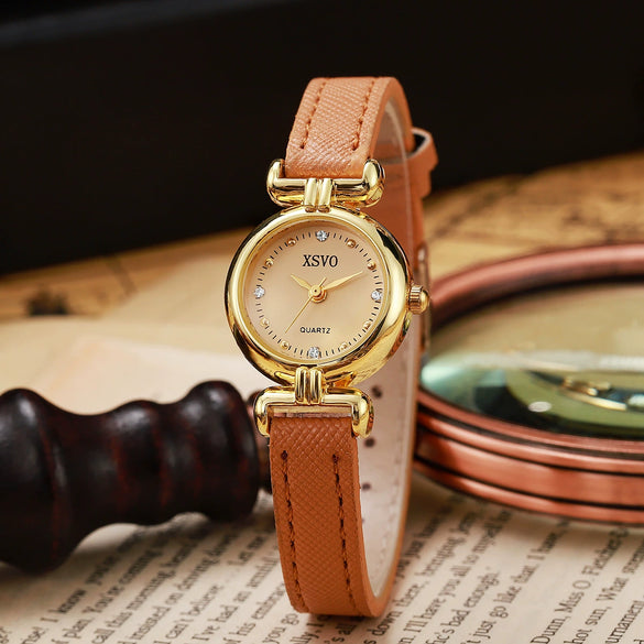 Ladies Alloy Imitation Leather Quartz Watch With Round Dial And Pin Buckle