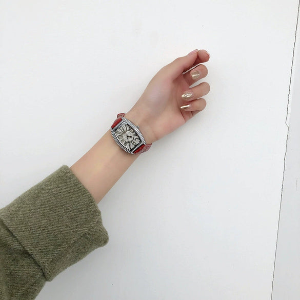 Ladies Alloy Imitation Leather Strap Electronic Quartz Watch With Rectangular And Barrel Shape