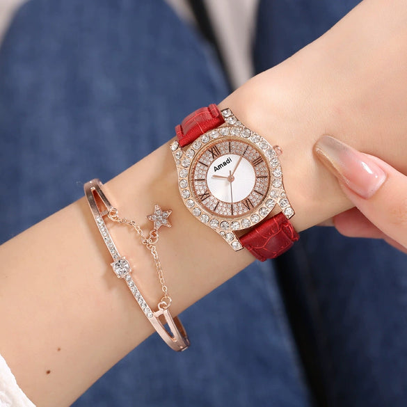 Ladies Alloy Imitation Leather Strap Round Dial Quartz Watch With Roman Face And Simple Fashion Style